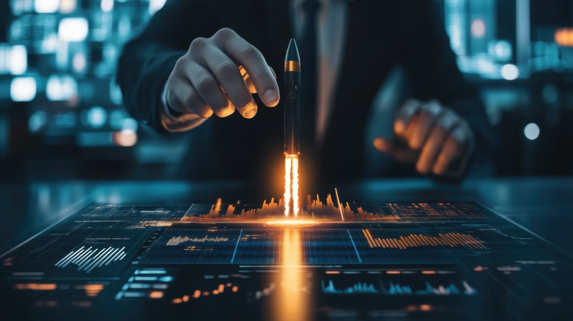 Unternehmer hält Stift, der wie eine Rakete nach oben fliegt