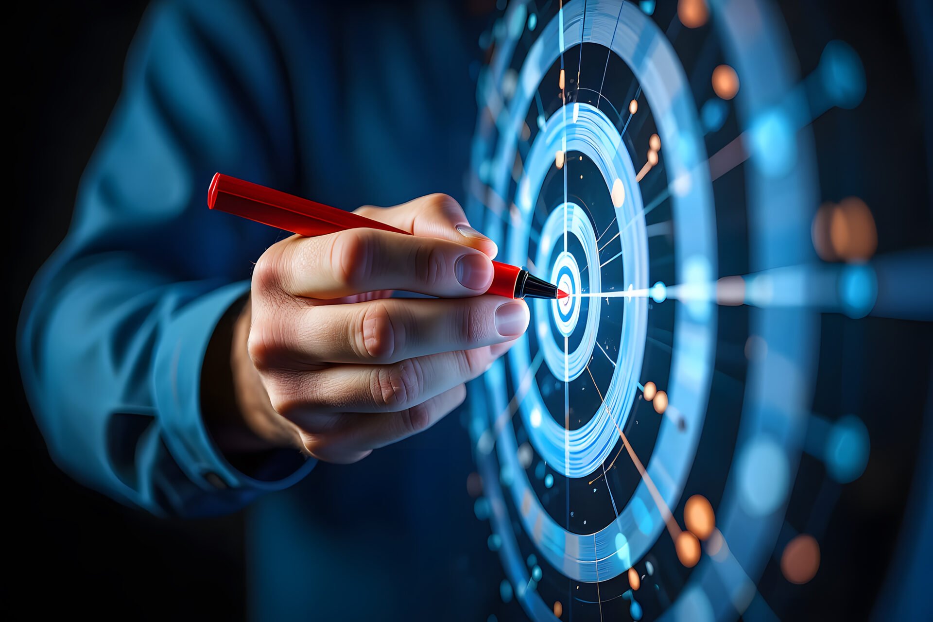Nahaufnahme einer Person, die mit einem roten Stift die Mitte eines digitalen Ziels markiert, das den Fokus, die Genauigkeit und die Zielsetzung im Geschäftsleben symbolisiert.
