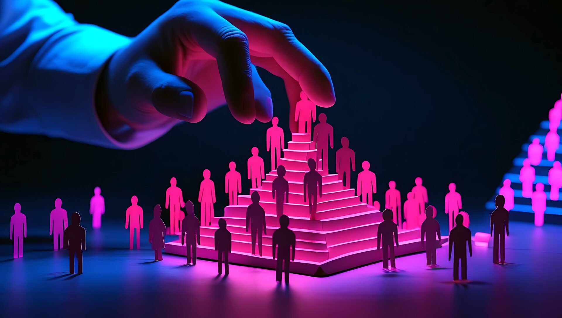 Neon beleuchtete Pyramide, auf der Menschen auf unterschiedlichen Stufen stehen